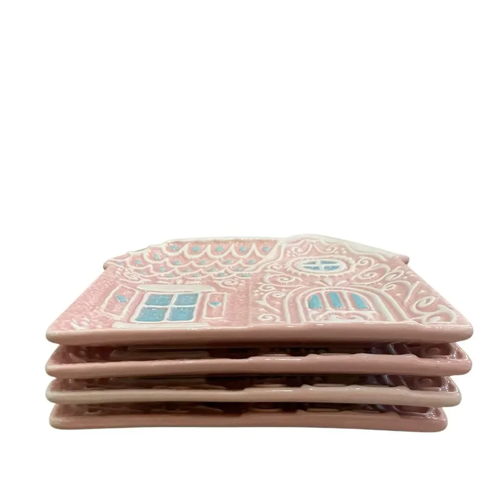Godinger Pastel Pink Gingerbread House 6in Ceramic Appetizer Plates New